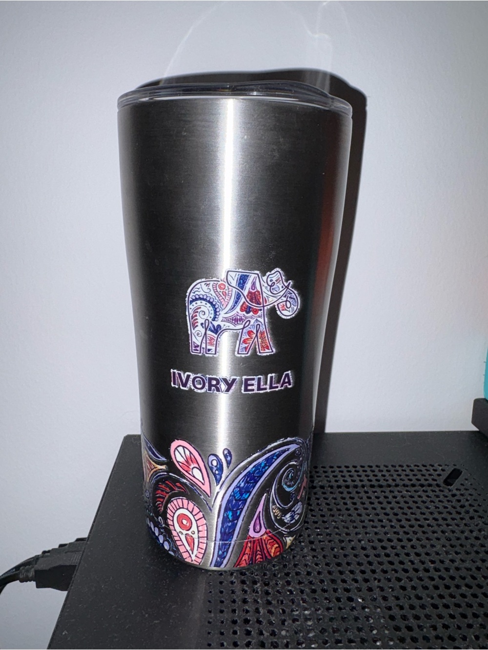 Ivory Ella Stainless Steel Tumbler with Multicolor Paisley Elephant